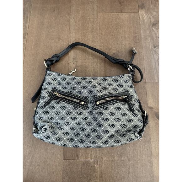 Dooney & Bourke Black Leather Gray Monogram Jacquard Should Bag Handbag - Picture 1 of 7